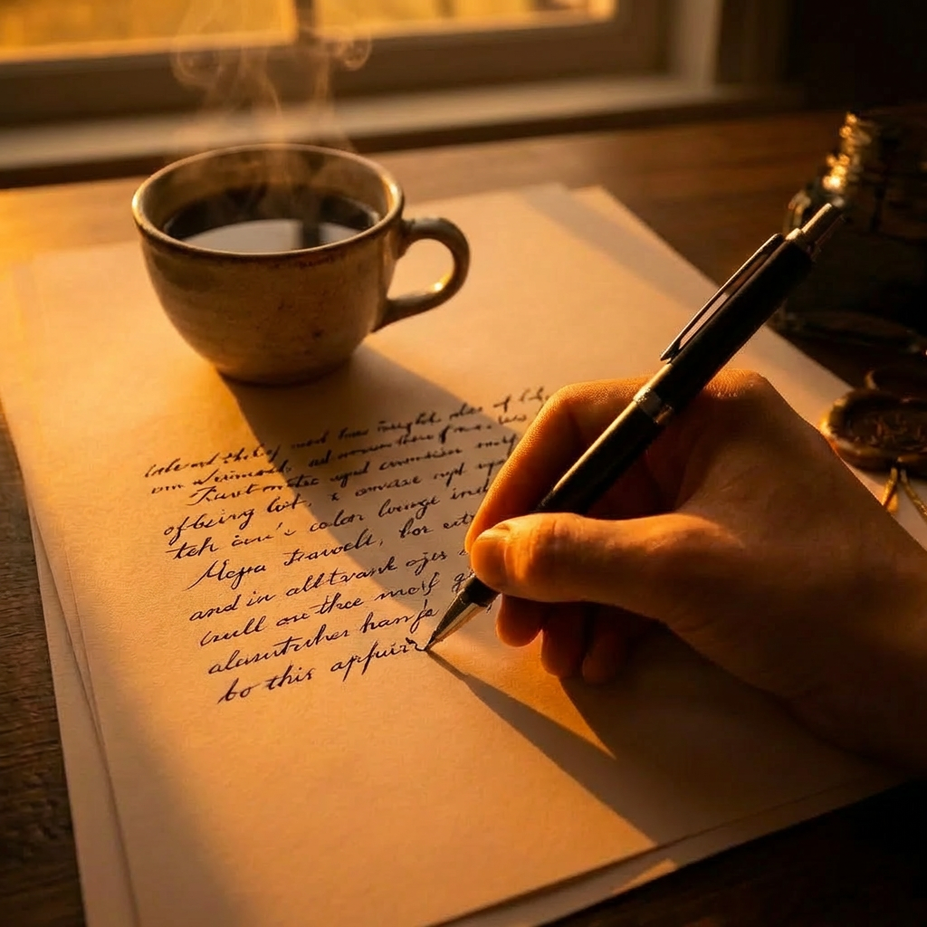 Hand writing cursive script on white paper using a black pen on a wooden desk.
